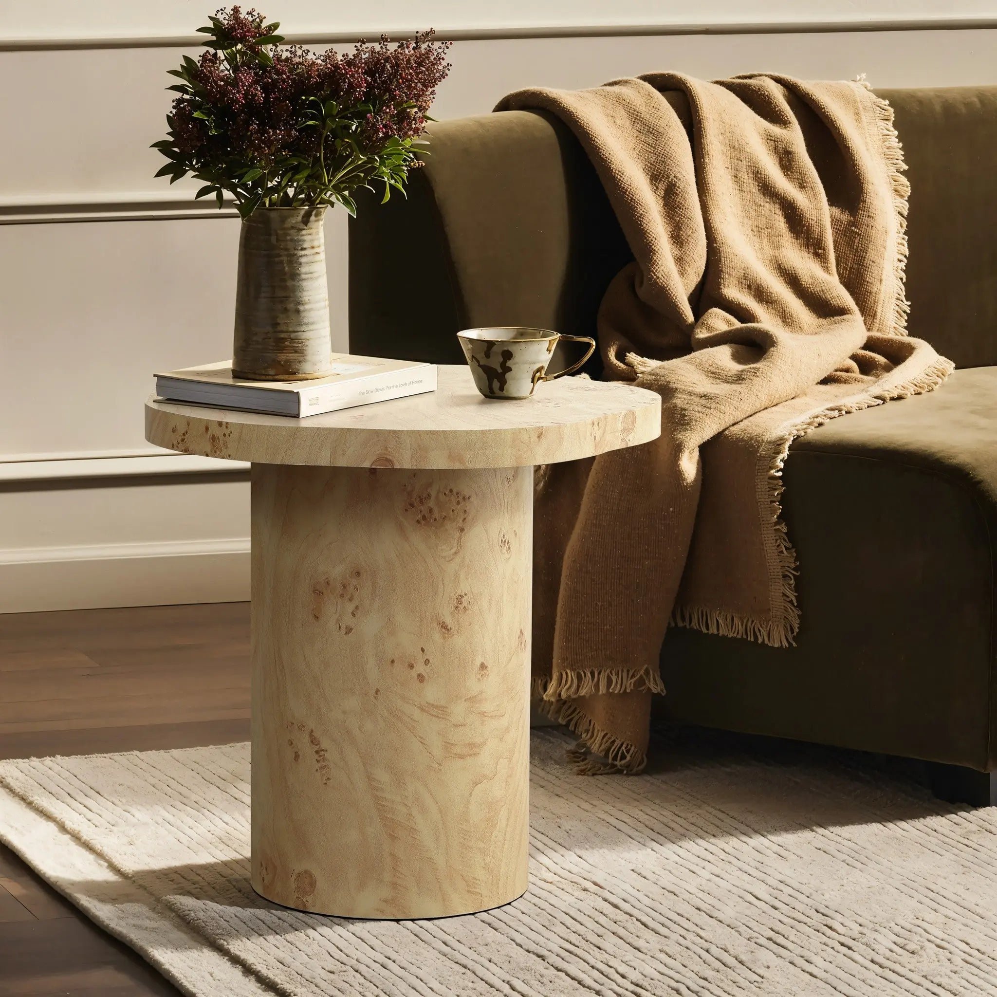 rici burl wood finish round end table