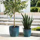 Large Round Plant Pots with Vertical Line Texture, Modern Blue Ceramic Planter 15'' Dia