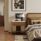 Faux Marble Wood Accent Side Table with Drawer and Open Shelf