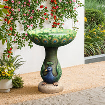 The Peacock Resin Birdbath boasts an exquisite design with a sculpted base and wide bowl, perfectly complementing your outdoor space. Surrounded by flowers and greenery on a sandy ground, it becomes a charming focal point for any garden.