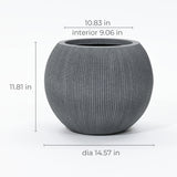 Modern planter designed from durable polyethylene, showcasing a gray spherical design with a ribbed texture. Measuring 11.81 inches tall and 10.83 inches wide, it features an interior diameter of 9.06 inches and an exterior diameter of 14.57 inches, ensuring both style and function in any setting.