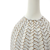 Close-up of LuxenHomes Modern Geometric Pattern Resin Tall Trumpet Vase, 19.5 h. The hand-painted design features textured, raised geometric leaf patterns on a brown polyresin background for a tactile and artistic appearance.