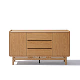 The LuxenHome Eric oak finish 55 sideboard showcases a minimalist Mid-Century Modern design with two cabinets on each side and three central drawers. Made of walnut wood and elevated on short legs, it epitomizes sleek, contemporary style.