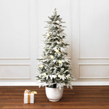 Pre-Lit Flocked Artificial Tree Christmas with Potted,5Ft