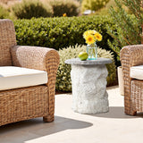 Off White MgO Outdoor Patio Side Table with Textured Base, 16.1"