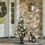 Pre-Lit Snow-Flocked Christmas Tree with Pot,4Ft