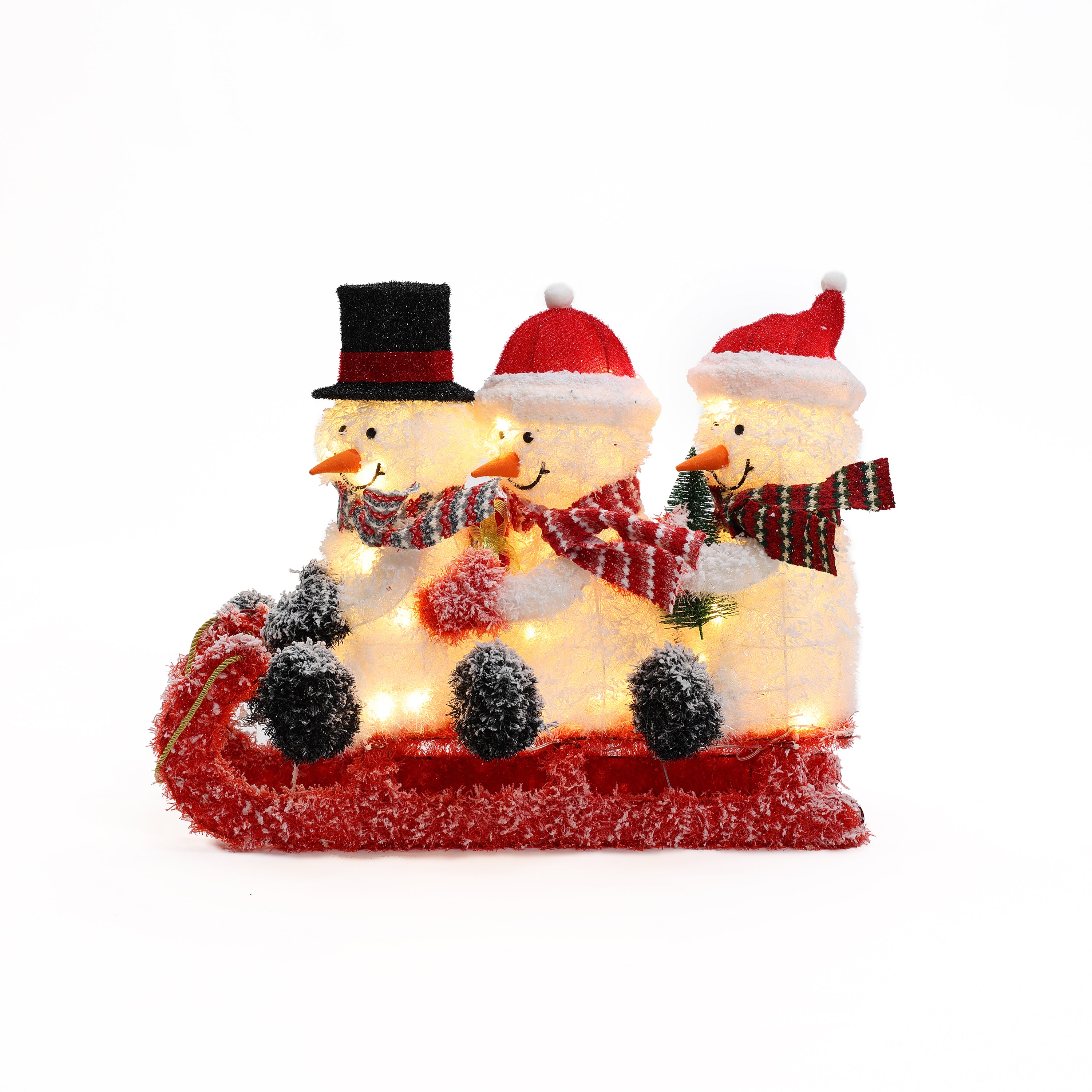 Snowman-family-trio-on-sled-with-lights-holiday-decoration