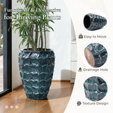 Tall Ceramic Planter Pot for Indoor Outdoor Plants with Drainage Hole, Blue 14''
