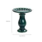 Enhance your outdoor space with this elegant green ceramic pedestal birdbath, featuring intricate decorative detailing. Dimensions: 21.65 inches tall, 18.31 inches in diameter.