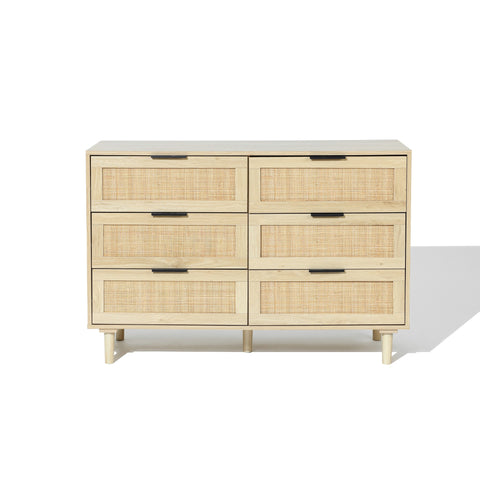 zahra 6 drawer dresser with rattan drawer doors, light wood color and solid wood legs