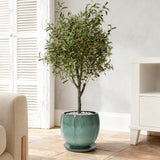 Jade Green Large Round Ceramic Planter with Attached Saucer, Glazed Indoor Outdoor Planter Pot 11.4'' Dia