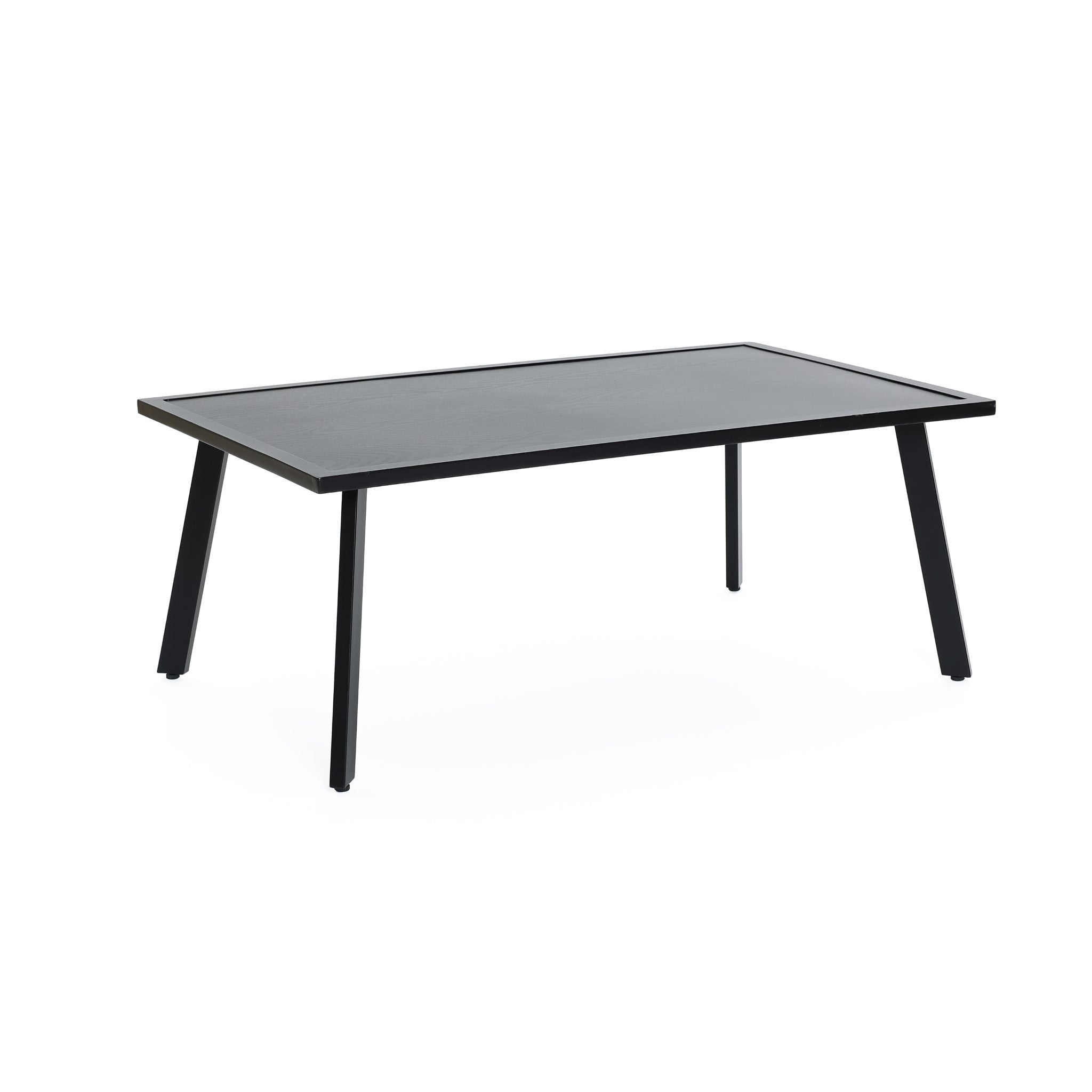 A rectangular black table with a smooth top and four angled legs, crafted with a black steel frame, is placed against a plain white background.