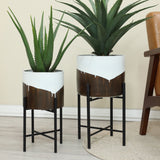 White and brown metal indoor planters with stand, set of 2