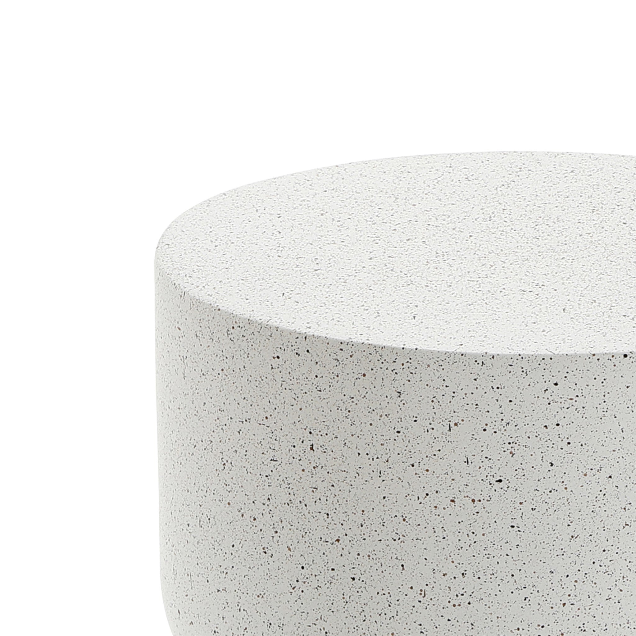 The image features a speckled white cylindrical outdoor side table made of durable MGO with a minimalist design, perfect for modern settings. It is elegantly captured against a white background.