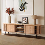 A mid-century modern TV cabinet with a sliding door design holds a vase, books, bowl, and lamp. A framed picture hangs above, with a plant sporting red leaves on the left.