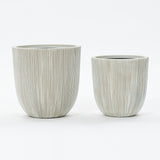 Two white, textured ceramic pots of different sizes stand elegantly on a plain background, embodying the simplicity and sophistication of modern planters.