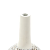 A close-up of the LuxenHome Modern geometric pattern resin tall trumpet vase, 23.5 h, with a long narrow neck and antique effect on its base. Set against a plain white background, the smooth and detailed design is highlighted.