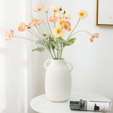 White textured ceramic 2-handle round tall jug vase