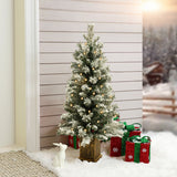 4Ft Pre-Lit LED Battery-Operated with Timer Artificial Flocked Fir Christmas Tree with Square Planter