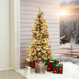 5ft Pre-Lit LED Artificial Flocked Slim Fir Christmas Tree with Metal Pot and Red Holly Berries