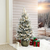 4.5Ft Pre-Lit LED Artificial Flocked Pine Tree with Pine Cones and Pot