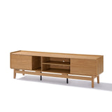 The LuxenHome Eric TV stand is a mid-century modern piece with a sleek oak finish, accommodating TVs up to 75. It features two side cabinets and open central shelving, all supported by four angled legs.