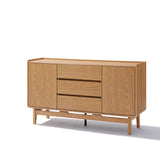 The Eric oak finish 55 wide sideboard by LuxenHome embodies Mid-Century Modern style, featuring two cabinet doors and three central drawers, all set on short legs, offering a smooth natural wood elegance.