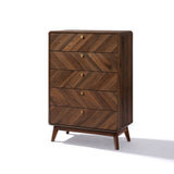 The LuxenHome Theo chest boasts a walnut finish with a herringbone pattern and brass handles. This mid-century modern piece features five drawers and stands on tapered legs, offering a stylish vertical dresser that enhances any rooms decor.