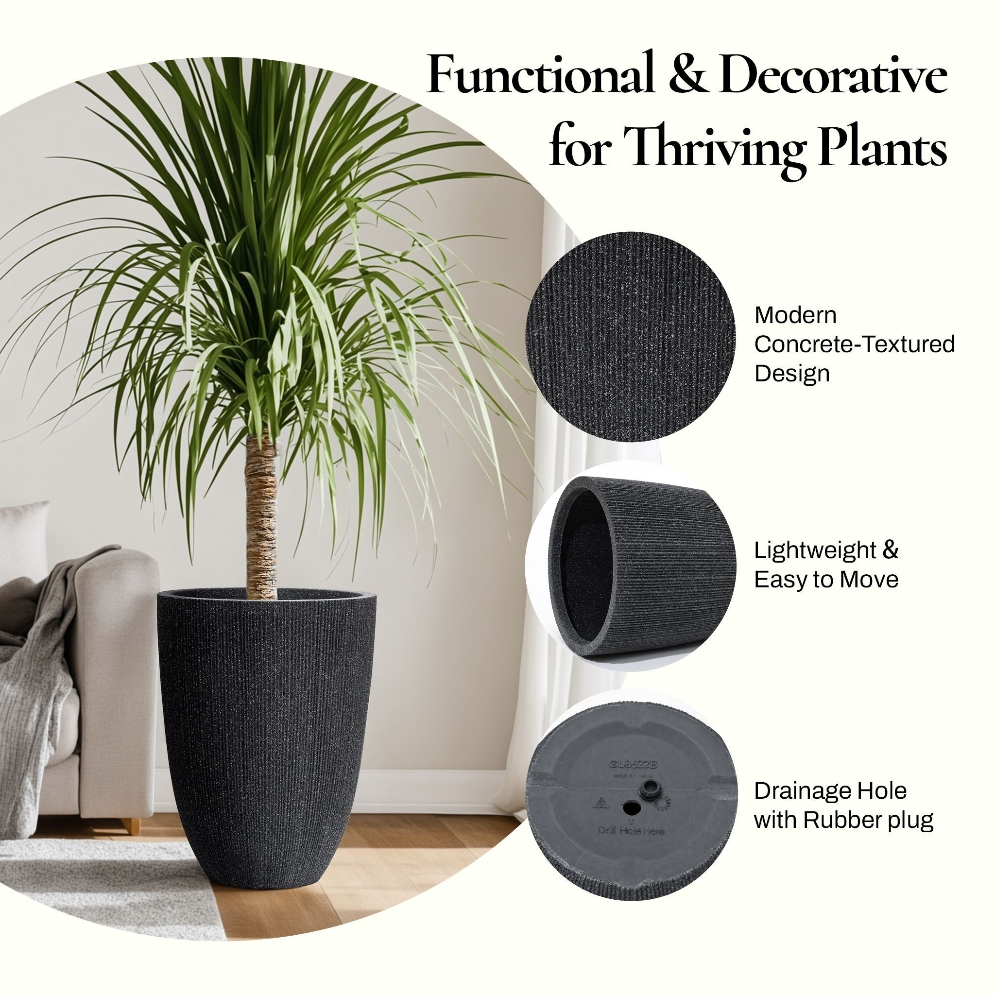 tall black indoor plant pot LuxenHome 2-Piece Mediterranean Black Tall Tapered Round Plastic Planters Set