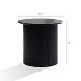 A modern-style black cylindrical table with decorative vertical grooves, this 15-inch-tall piece has a 15.7-inch diameter and a base width of 12 inches, making it the perfect black round side table for your space.