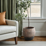 Old-World Antiqued Brown Round Cement Vase,13.6''