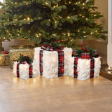 Christmas White Feathery Gift Box  Decor with Lights - Set of  3