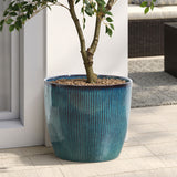 Large Round Plant Pots with Vertical Line Texture, Modern Blue Ceramic Planter 15'' Dia