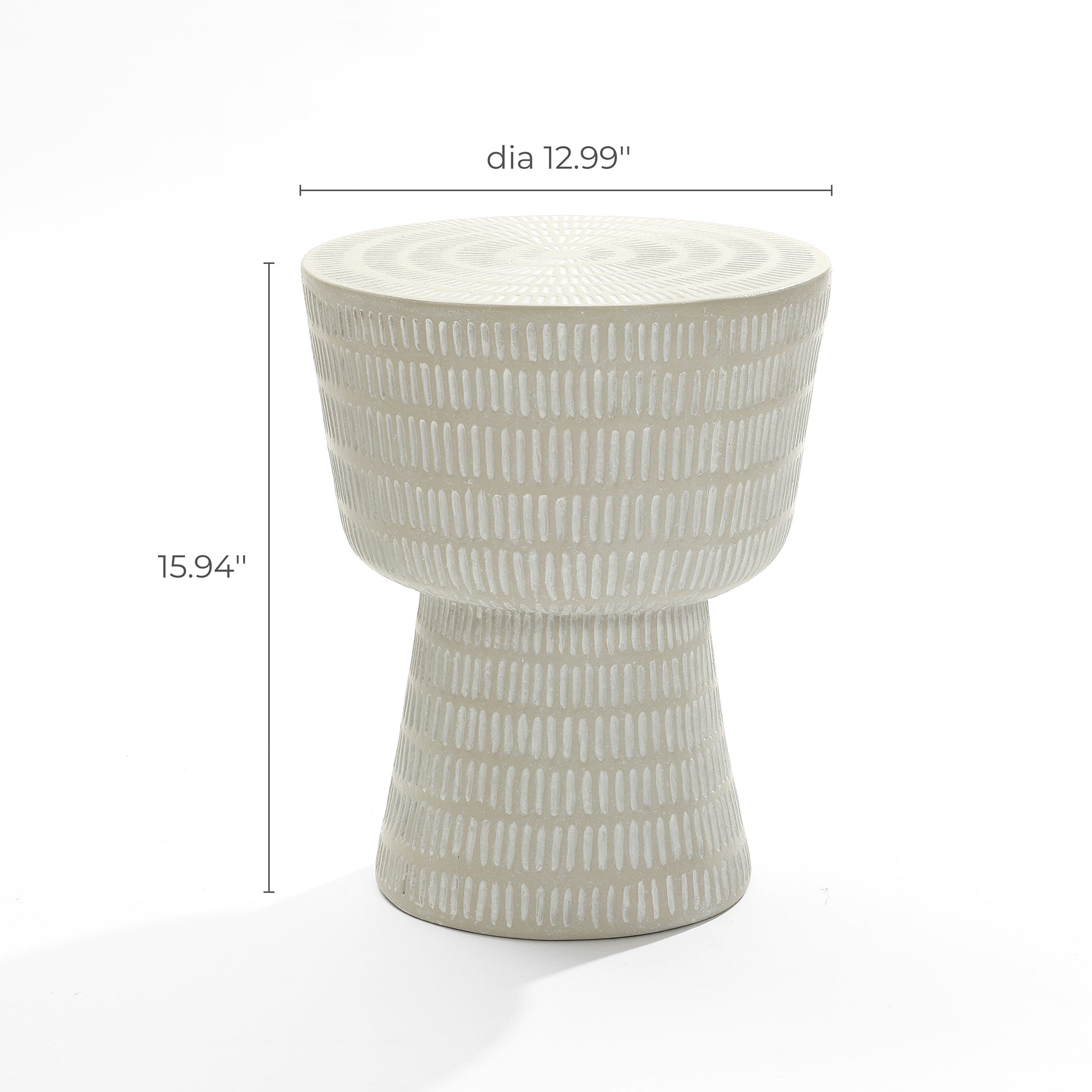 The Meru outdoor side table by LuxenHome features a minimalist design with a textured ceramic look, showcasing a cylindrical base and wider top with vertical white stripes. Made from magnesium oxide, it measures 12.99 inches in diameter and 15.94 inches in height, all in light beige.