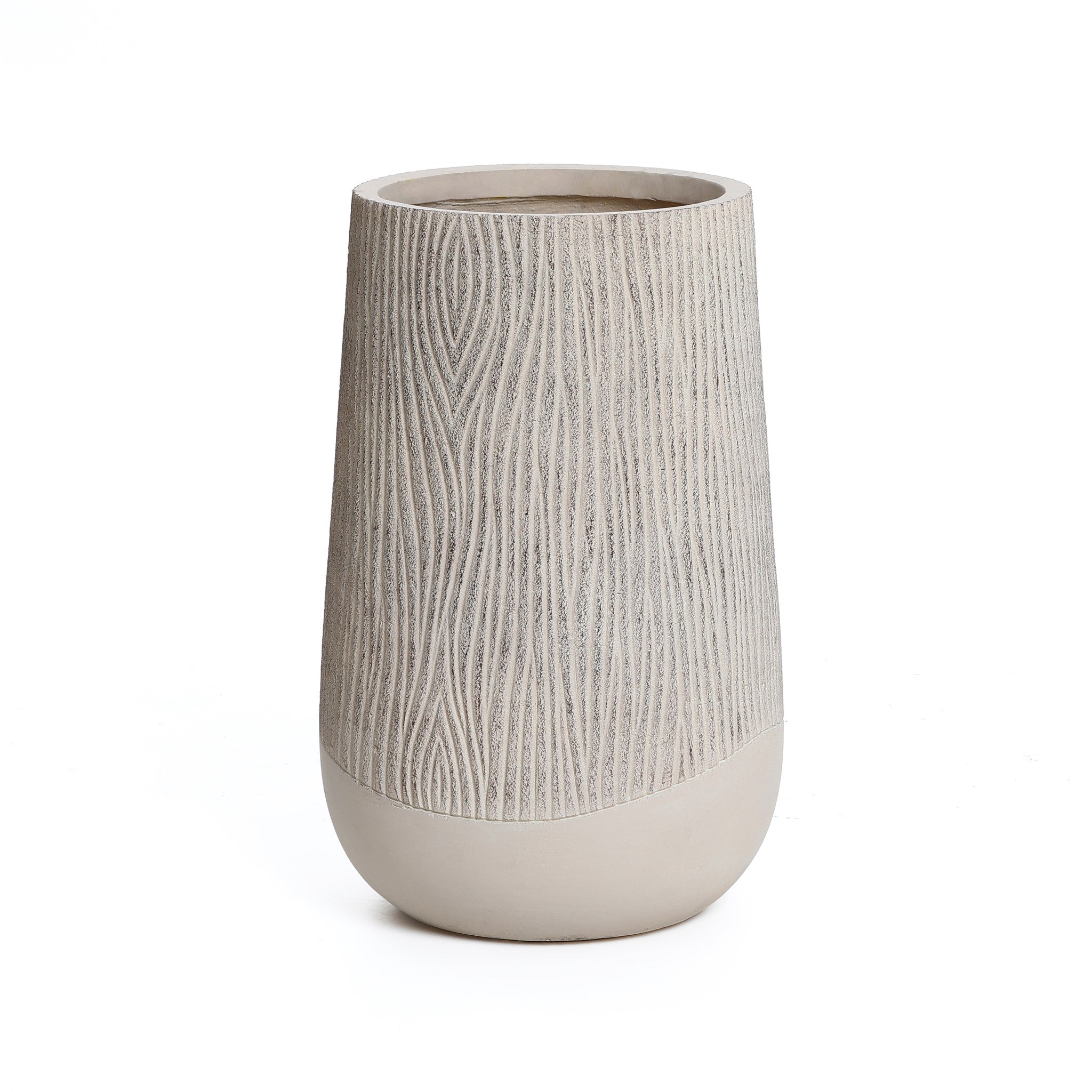 A tall vase showcases a natural wood pattern on its upper section, seamlessly transitioning to a smooth surface below. It embodies a modern minimalist aesthetic, perfect against the plain white background.