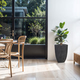 The sunlit room features light wood flooring, a rattan chair and table, and a large potted plant. Concrete-textured planters by the floor-to-ceiling windows offer UV and weather-resistant protection while revealing a lush garden view outside.