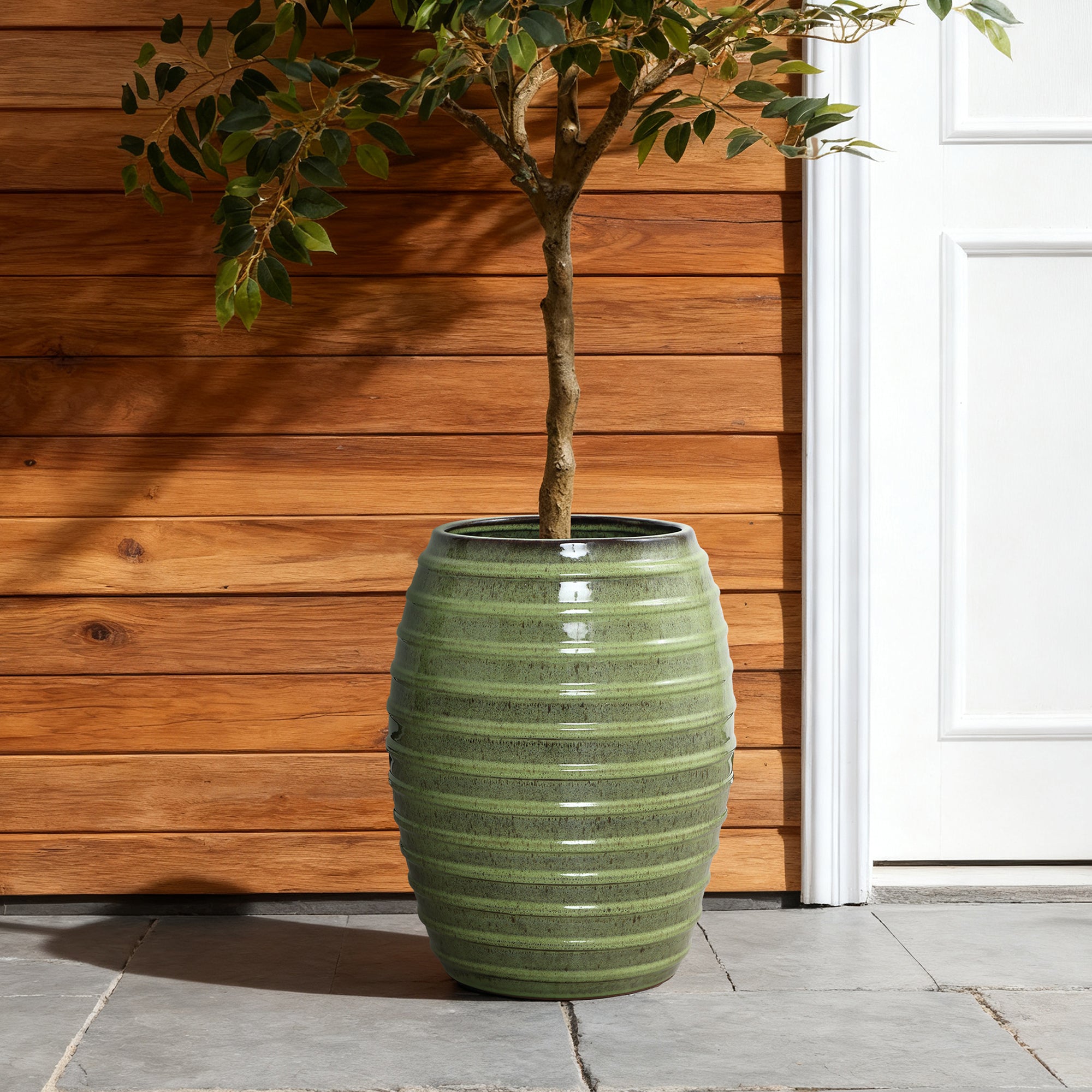 outdoor plant pot sale LuxenHome 17.7" Tall Ceramic Planter Pot for Indoor Outdoor Plants with Ribbed Texture, Large Garden Plant Pots with Drainage Hole, Green