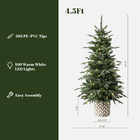 4.5Ft Pre-Lit Green Slender Fir Potted Artificial Christmas Tree