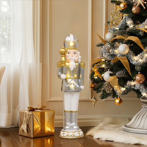 Traditional nutcracker king in white with lights, 2ft tall