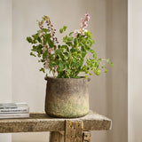 A rustic cement vase with green foliage and pink flowers sits on a wooden table next to a book titled Country Life.