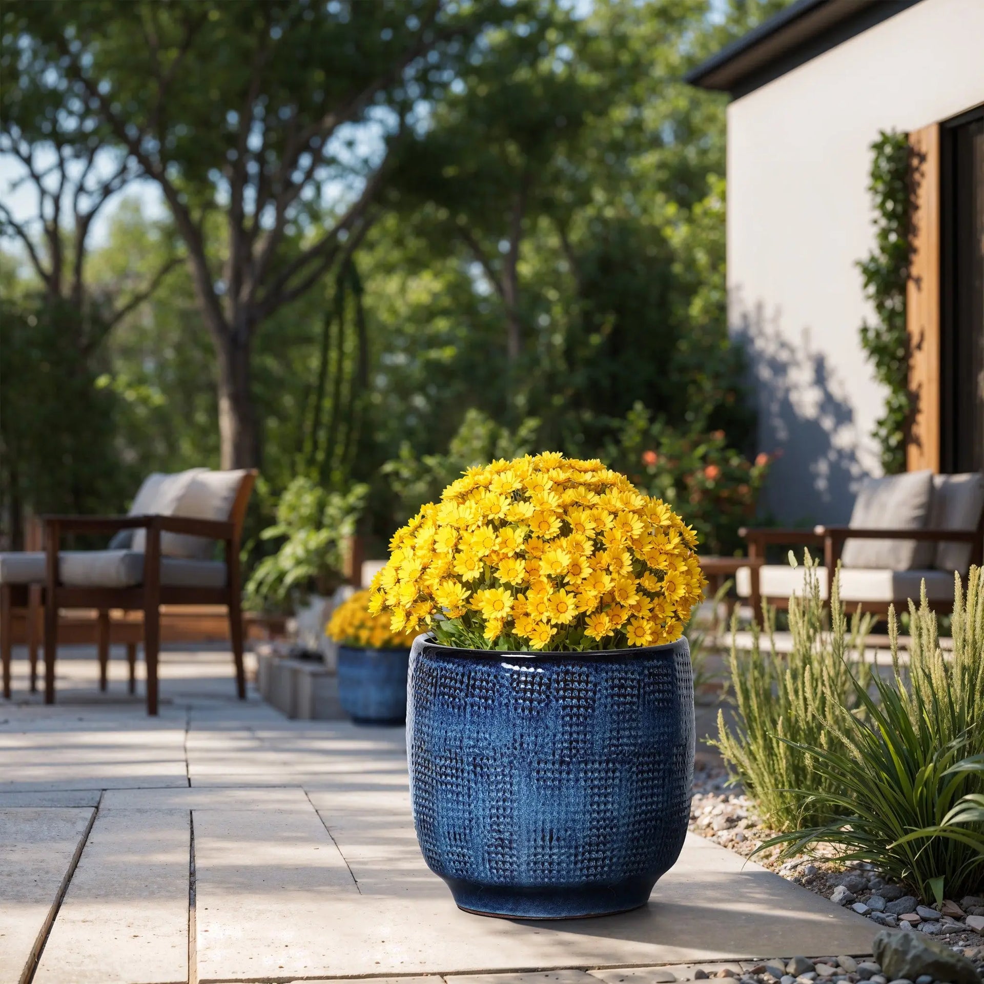 yellow outdoor plant pots Ocean Blue Glazed Round Ceramic Planter