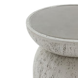 Close-up of the top of a Rustic off White and gray outdoor side table, 15.75 h, made from premium MGO material. It has a textured stone-like appearance with antique weathering details and a slightly speckled finish.