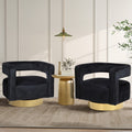 set of 2 black velvet modern accent chairs with gold bases, a gold color end table in between