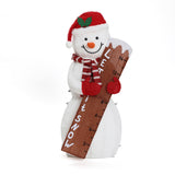 A snowman outdoor holiday decoration wearing a red hat and striped scarf holds a ruler-shaped LET IT SNOW sign on a white background—a charming yard holiday decor piece.