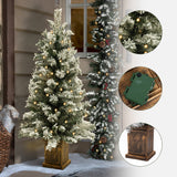 4Ft Pre-Lit LED Battery-Operated with Timer Artificial Flocked Fir Christmas Tree with Square Planter