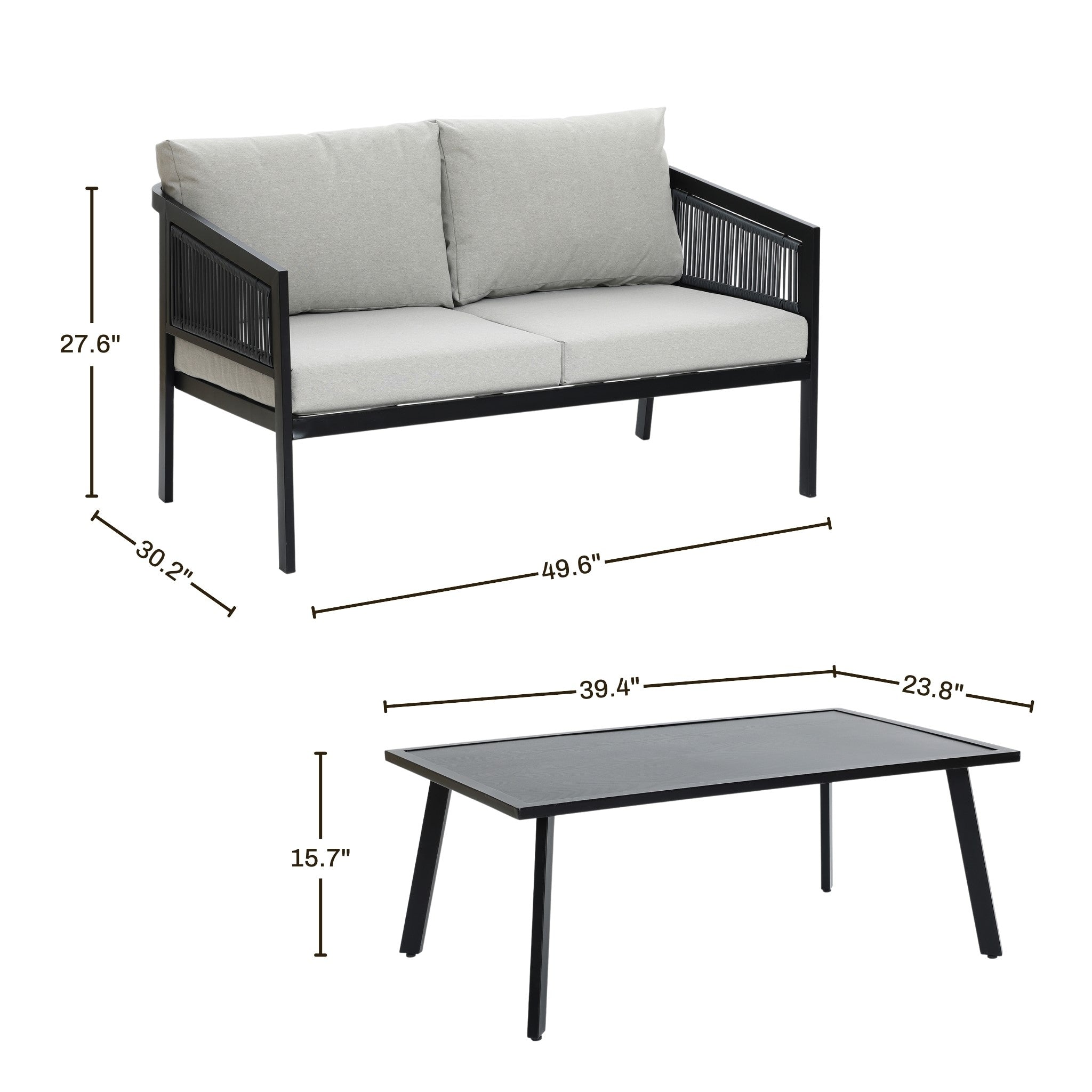 This outdoor PE rattan furniture set features a grey cushioned loveseat and a sleek black rectangular coffee table. The outdoor loveseat measures 49.6 x 30.2 x 27.6, while the table sits elegantly at 39.4 x 23.8 x 15.7, both supported by a sturdy black steel frame for durability and style.