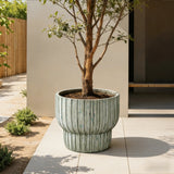 Green Ribbed Planter Pot, Vintage Fluted Plant Pot with Drainage 16.1'' Dia
