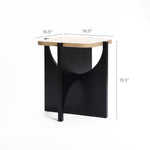 The Bernard end/side table by LuxenHome features a circular seat crafted from manufactured wood and sleek black curved legs. It measures 16.9 inches in width and depth with a total height of 19.3 inches, showcasing a sophisticated modern design.