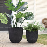 Two black, durable polyethylene planters on a wooden deck hold large green leaf plants. The larger planter boasts broad leaves, while the smaller one cradles a fern. A white building provides the backdrop, enhancing the minimalist design of these stylish plant pots.