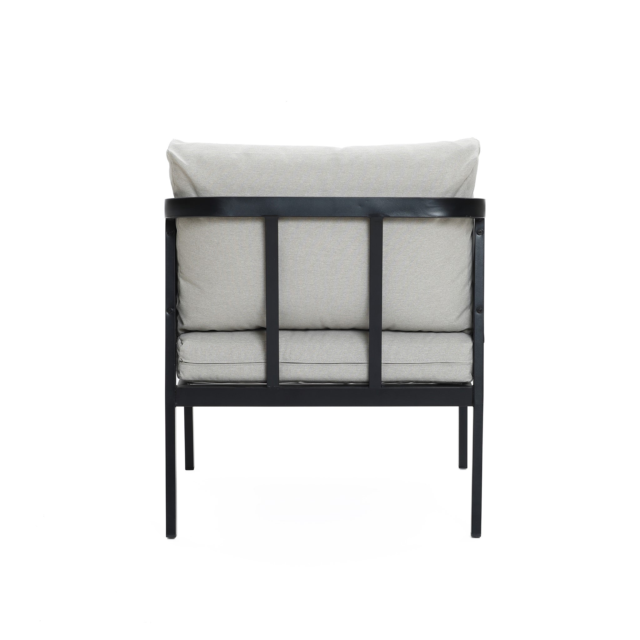 Back view of a cushioned chair with a black metal frame, light gray fabric, and waterproof cushions. Perfectly complements an outdoor armchair set for a stylish patio setup.